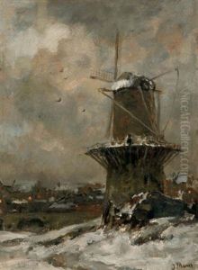 Korenmolen In Besneeuwd Landschap Bij Avond - A Windmill In The Snow by Jacob Henricus Maris