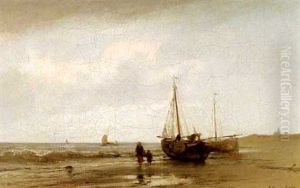 Woman And Child On A Beach With Fishing Boats