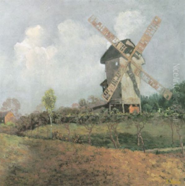 Windmuhle In Sonniger Fruhlingslandschaft Mit Vorbeiziehendem Gewolk - view 1