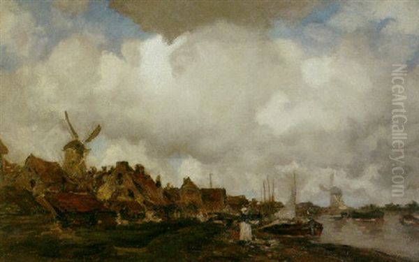 A Village By A Canal With Windmill Beyond - view 1