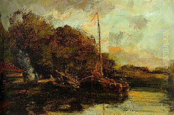 A Moored Sailing Barge At Dusk - view 1