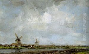 Windmills Along A Canal Near Leyden Windmills Along A Canal Near Leyden