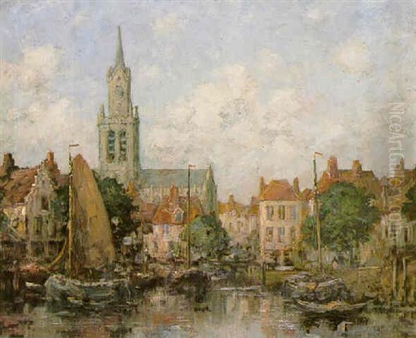Vessels Moored Before A Harbor Town - view 1