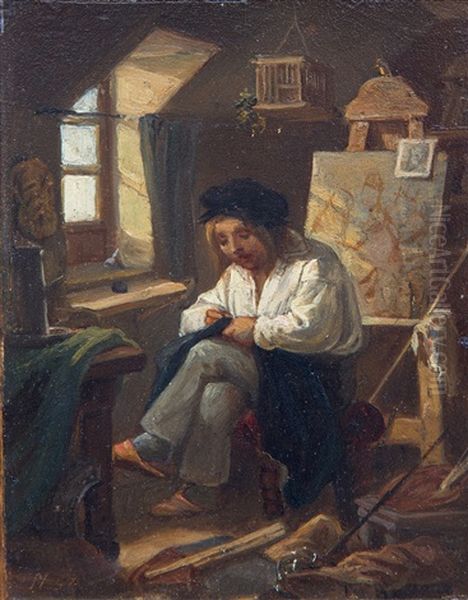 A Poor Artist Mending His Clothes - view 1