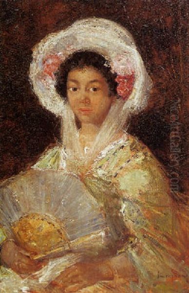 Portret Van Een Spaanse Schone Met Waaier In De Hand En Mantilla - view 1