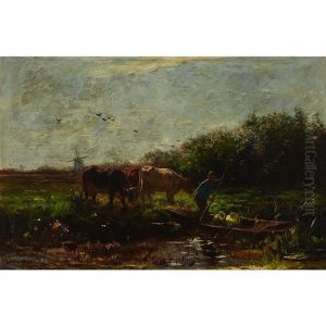Farmer Driving A Boat Through A Polder Landscape With Cows by Willem Maris