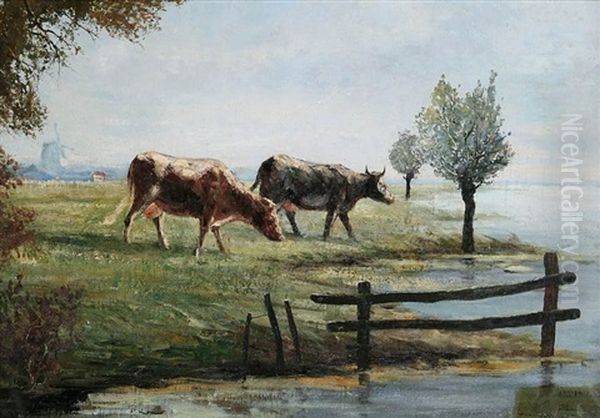 Cows And The Edge Of The Water With Windmill In The Distance - view 1