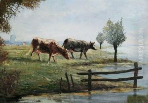 Cows And The Edge Of The Water With Windmill In The Distance by Willem Maris