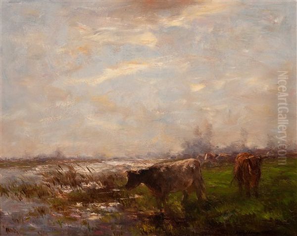 Meadow With Cows By The Water by Willem Maris
