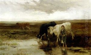 Morgenstond: A Shepherd Girl Leading Her Cattle To Water by Willem Maris