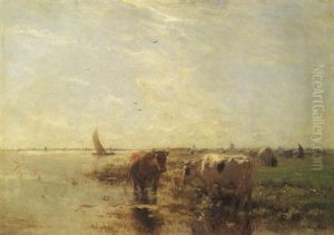 An Extensive River Scene With Cattle Watering In The Foreground