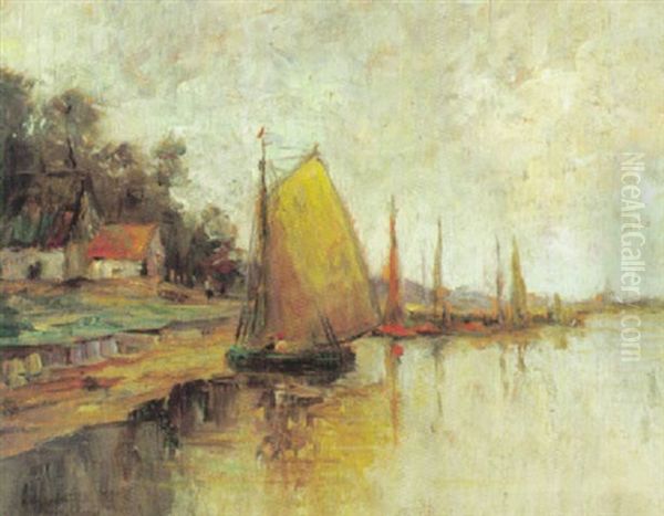 Fluslandschaft Mit Angelegten Booten - view 1
