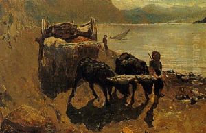 A Boy With An Ox-drawn Cart Along The River Rhine
