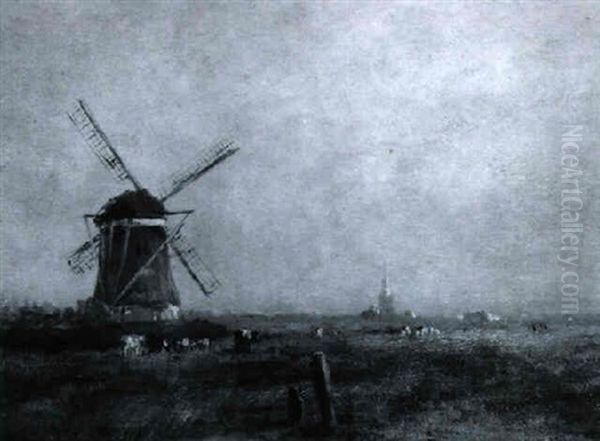 Cows In A Landscape With Windmill - view 1