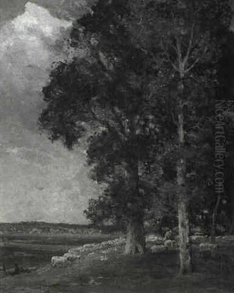 Shepherd And Flock In A Wooded Landscape - view 1