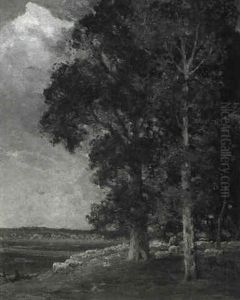 Shepherd And Flock In A Wooded Landscape by Willem Maris