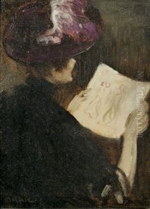 Ruckenansicht Einer Dame Mit Hut, Eine Zeichnung Betrachtend by Lajos Mark