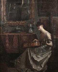A Lady Playing A Guitar In A Music Room by Lajos Mark