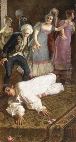 Interior Med Karnevalsscene, I Forgrundende Liggende Pjerrotskikkelse Samt Leende Personer I Rococodragter - view 1