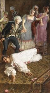 Interior Med Karnevalsscene, I Forgrundende Liggende Pjerrotskikkelse Samt Leende Personer I Rococodragter by Lajos Mark