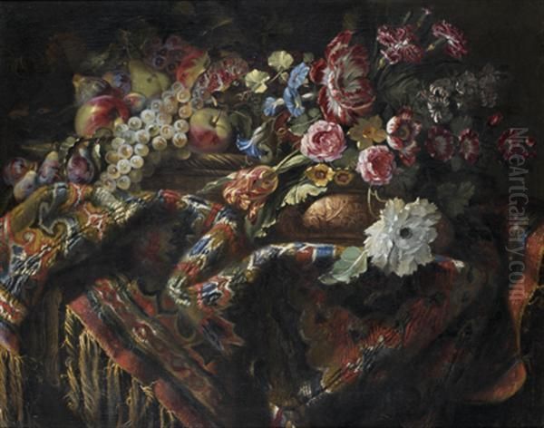 Nature Morte Au Panier De Fruits, Raisins, Poires, Pommes Et Grenade Au Vase De Fleurs Sur Un Tapis - view 1