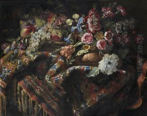Nature Morte Au Panier De Fruits, Raisins, Poires, Pommes Et Grenade Au Vase De Fleurs Sur Un Tapis
