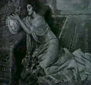 Dame In Weiss, Blumen Steckend by Lajos Mark