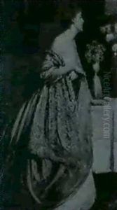 Wohnzimmerinterieur Mit Eleganter Junger Dame In Ziegelrotem Kleid Mit Spitzenschal Vor Einer Anriche by Lajos Mark