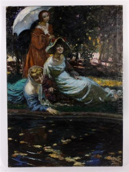 Three Women At A Summer Garden Pond - view 1