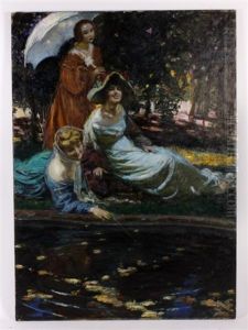 Three Women At A Summer Garden Pond