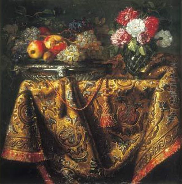 Nature Morte Au Vase De Fleurs, Coupe De Fruits Sur Un Entablement Recouvert D'un Tapis - view 1
