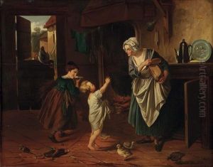 Mutter Gibt Kindern Brot Zu Essen - Stubeninterieur by Alexandre Markelbach