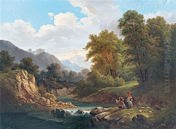Folyoparti Taj Varrommal Es Horgaszo Alakokkal - view 1