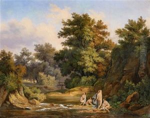 Nymphs Bathing In A Wooded Landscape by Karoly Marko the Elder