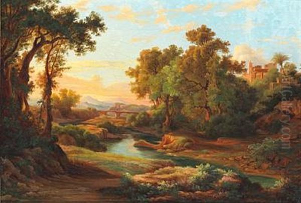 Southern European Landscape With A Viaduct And Temple Ruins - view 1