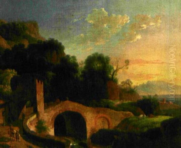 Gebirgige Sudliche Landschaft Mit Steinernen Brucke Und Reisenden - view 1