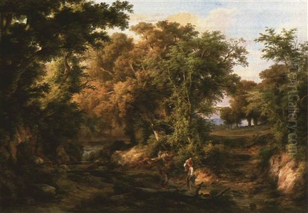 Bewaldete Landschaft Mit Bachlauf Und Figurenstaffage - view 1