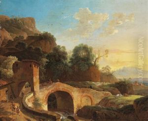 Gebirgige Landschaft Mit Einer Steinernen Brucke Und Reisenden by Karoly Marko the Elder