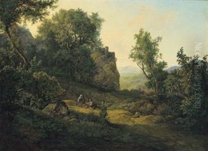 Gebirgige Landschaft Mit Einer Rastenden Familie