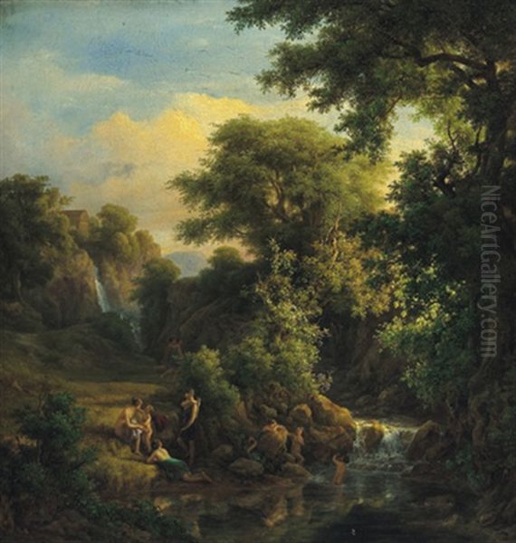 Waldlandschaft Mit Einem Sturzbach Und Diana Mit Ihren Gefahrtinnen Beim Bad - view 1