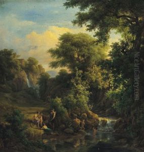 Waldlandschaft Mit Einem Sturzbach Und Diana Mit Ihren Gefahrtinnen Beim Bad by Karoly Marko the Elder