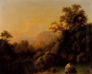 Nymphe An Einer Bewaldeten Quelle In Italienischer Landschaft Mit Blick Auf Einen Antiken Tempel