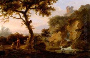 Bewaldete Gebirgslandschaft Mit Einem Wasserfall Und Rastenden Unter Einem Hohen Baum by Karoly Marko the Elder