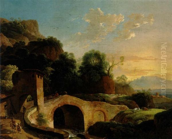 Gebirgige Sudliche Landschaft Mit Einer Steinernen Brucke Und Reisenden - view 1
