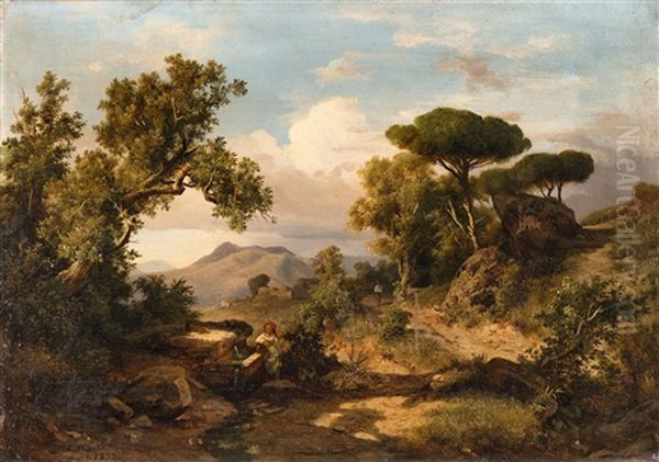 An Italian Landscape With A Woman At A Well And A Traveller - view 1