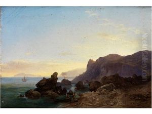 Felsige Kustenlandschaft Mit Segelbooten Auf Der Ruhigen Meeresoberflache Unter Blauem Himmel Im Spatlicht by Karoly Marko the Younger