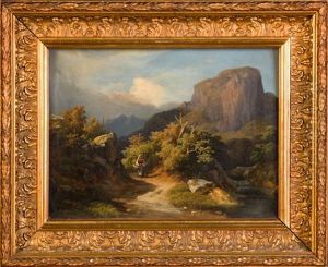 Villageoise Italienne En Chemin, Panier Sous Le Bras, Sur Un Sentier De Montagne