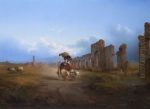 Carro Con Buoi In Transito Nei Pressi Di Un Antico Acquedotto Nella Campagna Romana by Karoly Marko the Younger