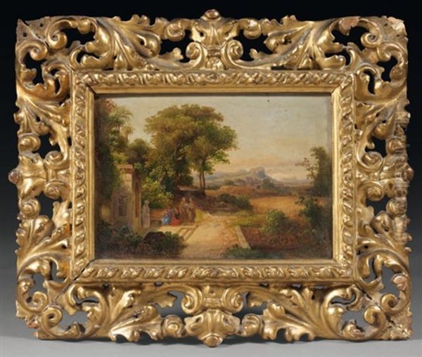 Paysage Italien Aux Environs De Florence, Une Villa Animee De Personnages Au Premier Plan - view 1