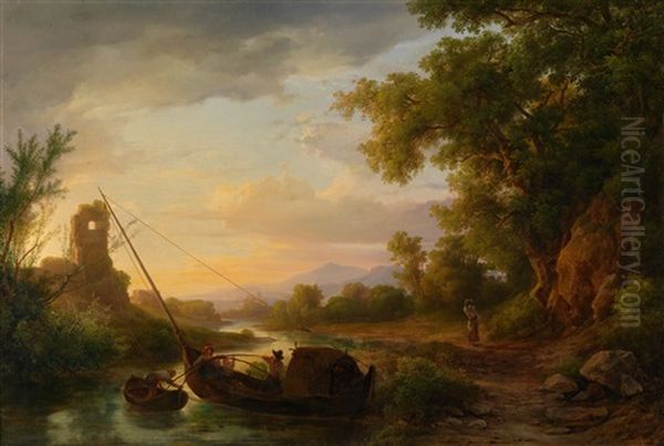 Italienische Flusslandschaft Mit Fischern - view 1